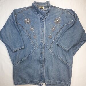 Vintage Michelle Denim Jacket Womens 9 Blue Studded Rhinestone Western Oversized